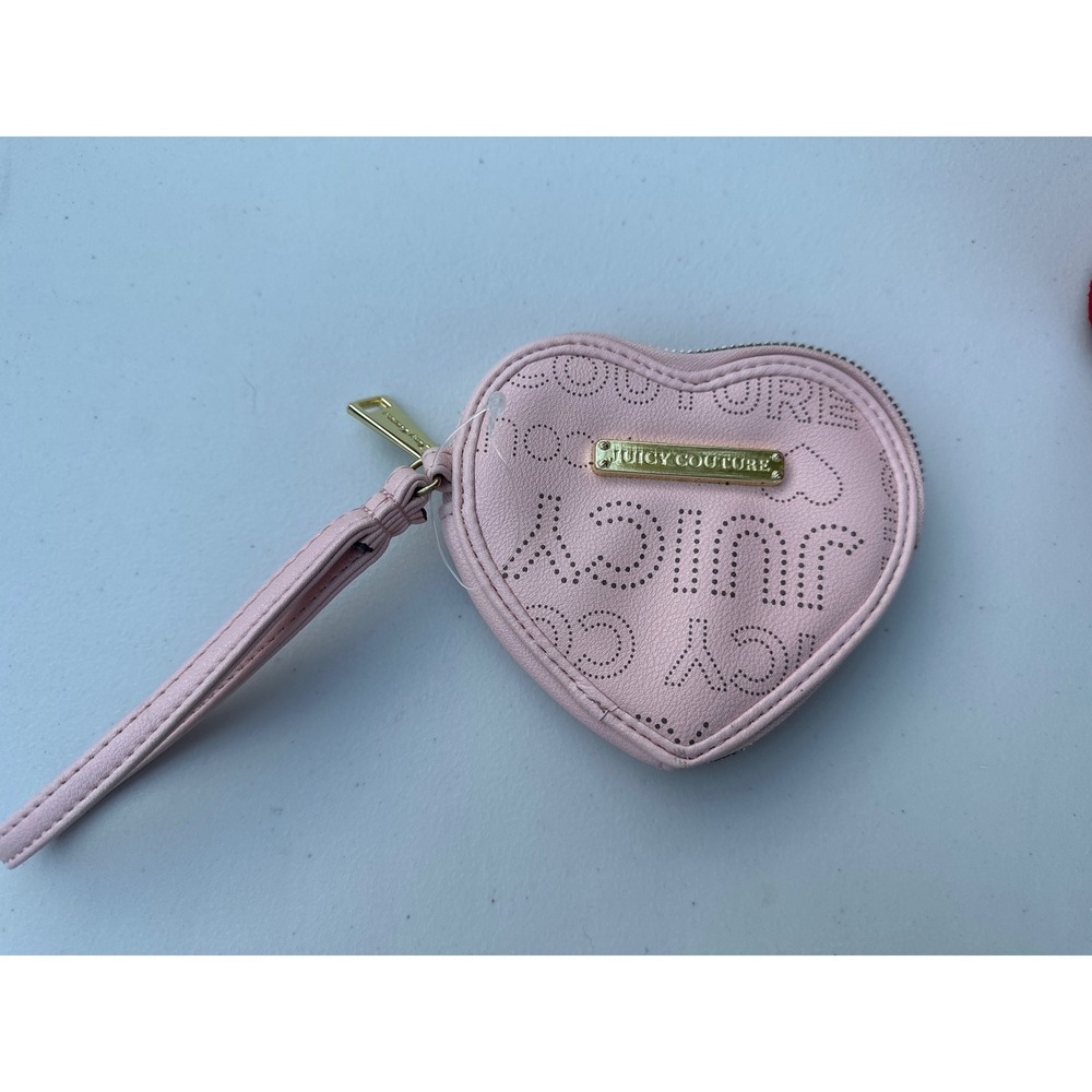 Juicy Couture Pink Heart Coin Purse Wristlet Perforated Logo Gold Tone Hardware